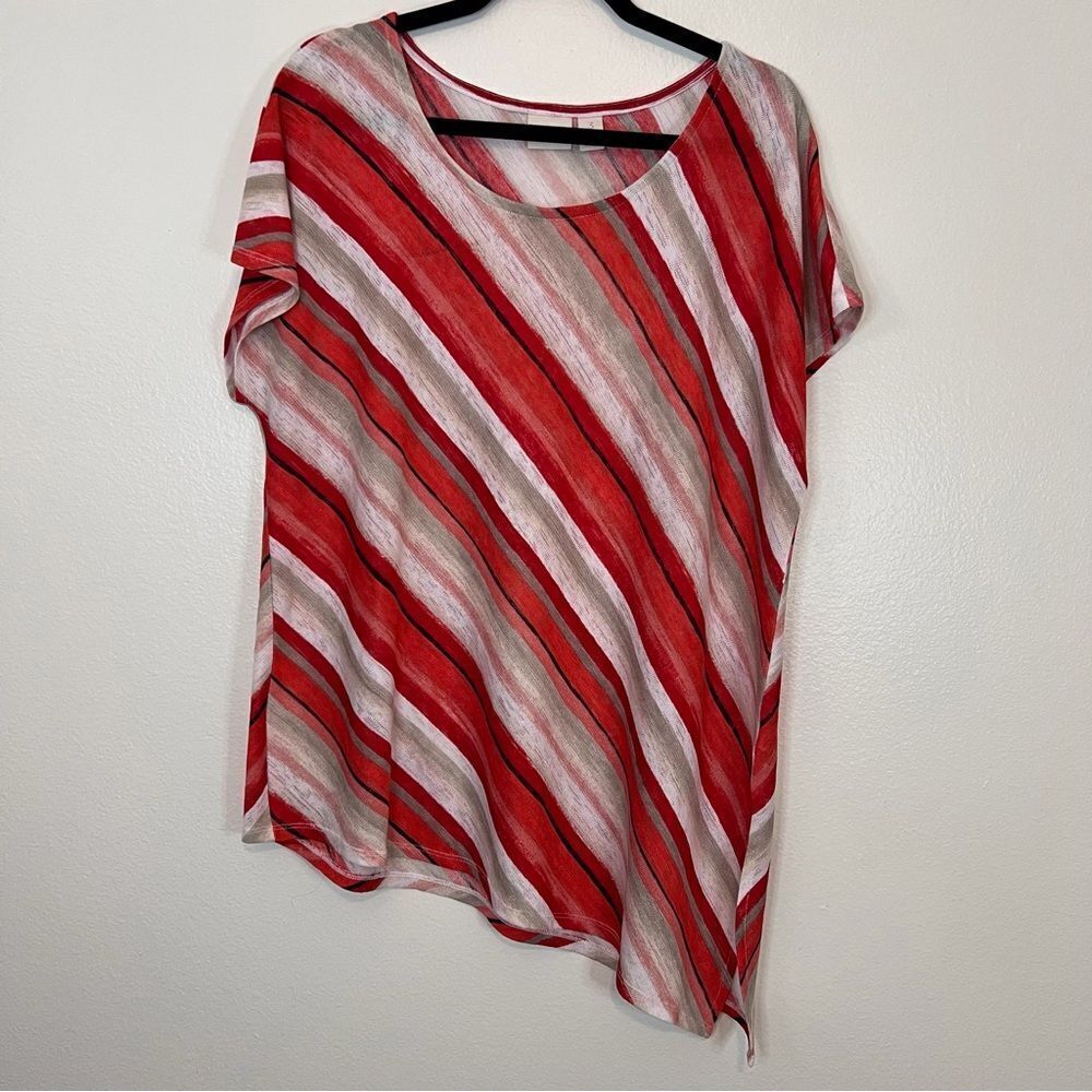 Chicos Women's Orange Red Striped Short Sleeve Asymmetrical Top Size 3 (XL 16)